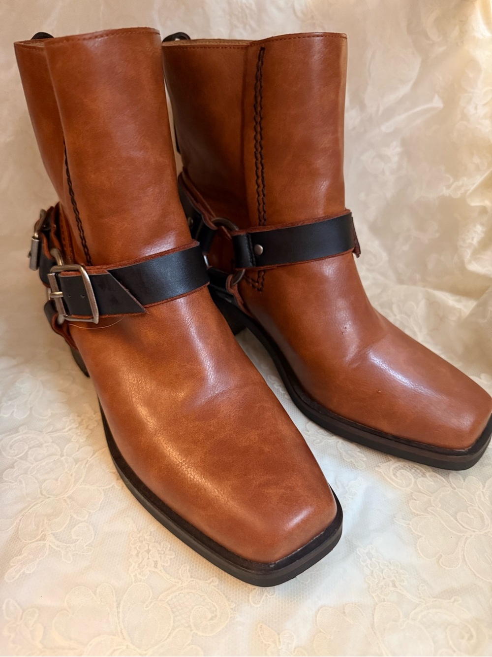 SOLD BEAST FASHION Tan/Brown Faux Cognac Leather with Moto Straps Western NWOT - Picture 2 of 11